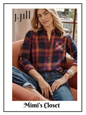 J.JILL Soft Light Weight Flannel Plaid Tunic - Navy Blue Multi - Size Large